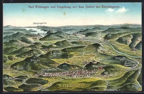 Künstler-AK Bad Wildungen, Panorama mit Edertalsperre, Affoldern und Königs-Quelle