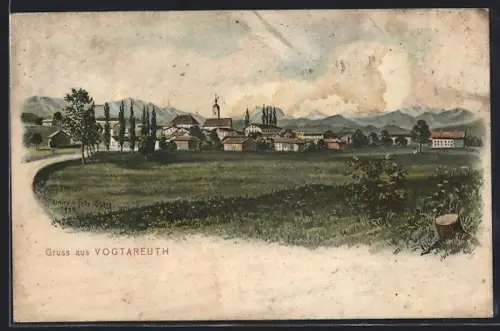 Künstler-AK Eugen Felle: Vogtareuth, Totalansicht des Ortes mit Kirche