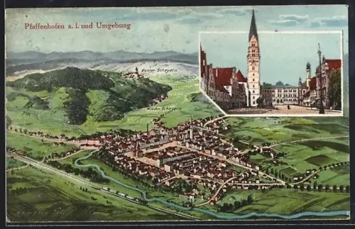 Künstler-AK Eugen Felle: Pfaffenhofen / Ilm, mit Ingolstadt, Kloster Scheyern und Nieder Scheyern
