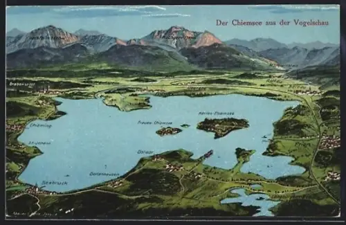 Künstler-AK Eugen Felle: Gstadt / Chiemsee, Städte und Orte rund um den Chiemsee aus der Vogelschau