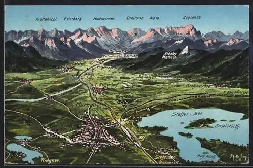 Künstler-AK Eugen Felle: Murnau, Panorama mit Staffelsee, Riegsee, Alpenkette
