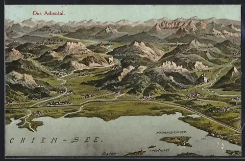 Künstler-AK Eugen Felle: Bernau / Chiemsee, Achental mit Kössen, Reit i. W. und Egernbach