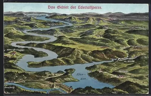 Künstler-AK Eugen Felle: Waldeck, Edertalsperre aus der Vogelschau