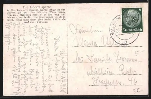 Künstler-AK Eugen Felle: Waldeck, Edertalsperre aus der Vogelschau