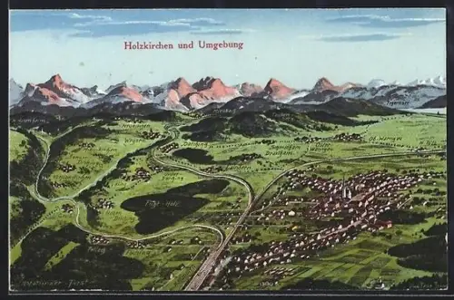 Künstler-AK Holzkirchen / Obb., Teilansicht mit Darching, Weyarn und Laindern