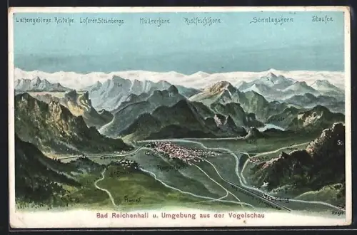 Künstler-AK Eugen Felle: Bad Reichenhall, Umgebungskarte mit Loferer Steinberge, Marzoll & Staufen