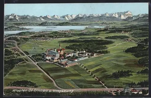 Künstler-AK Eugen Felle: Pflaumdorf, Kloster St. Ottilien mit Diessen, Holzhausen und Ammersee