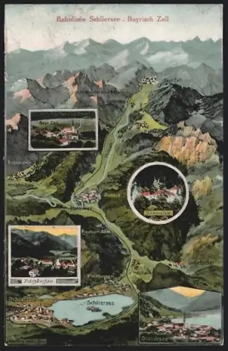 Künstler-AK Eugen Felle: Bayrisch Zell, Bahnlinie Schliersee mit Hammer, Aurach, Birkenstein, Fischhausen