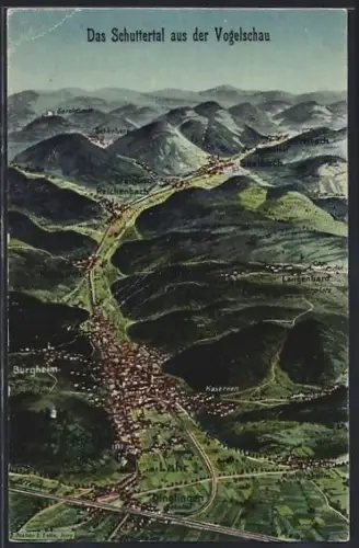 Künstler-AK Eugen Felle: Reichenbach /Schuttertal, Schuttertal mit Seelbach, Lahr, Burgheim aus der Vogelschau