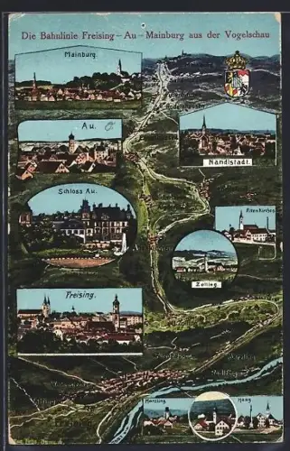 Künstler-AK Eugen Felle: Zolling, Blick auf die Bahnlinie Freising-Meinburg a. d. Vogelschau