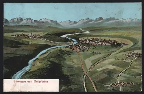 Künstler-AK Eugen Felle: Schongau, Schongau, Altenstadt und Peiting aus der Vogelschau