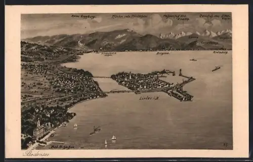 Künstler-AK Eugen Felle: Lindau i. B., Bregenz, Riedenburg, Aeschach am Bodensee