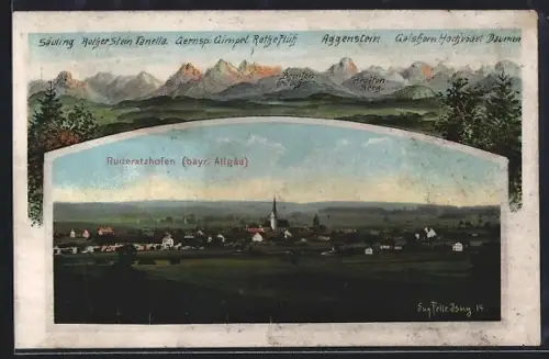 Künstler-AK Eugen Felle: Ruderatshofen / Allgäu, Ortsansicht mit Säuling, Rother Stein, Tanella