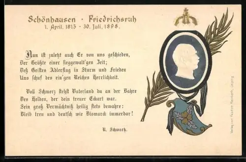 Präge-AK Bismarck im Profil, Karte zum Tode Bismarcks 1898