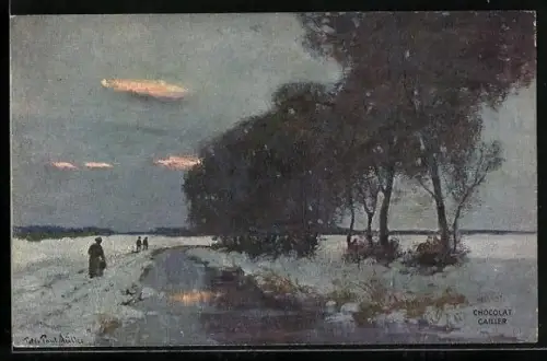 AK Cailler`s, Chocolat au Lait Suisse, Winterlandschaft mit Spaziergängern, Kakao, Reklame für Schokolade