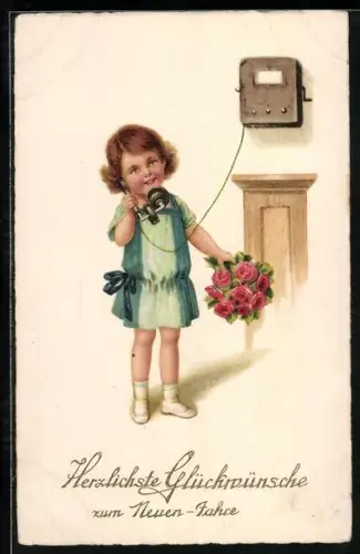 Künstler-AK Kleines Kind mit Rosen in der Hand am Telefon