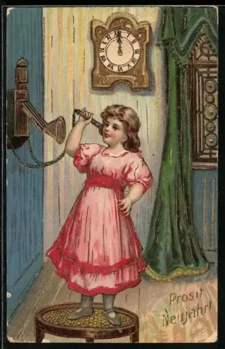 AK Mädchen am Telefon in Stube