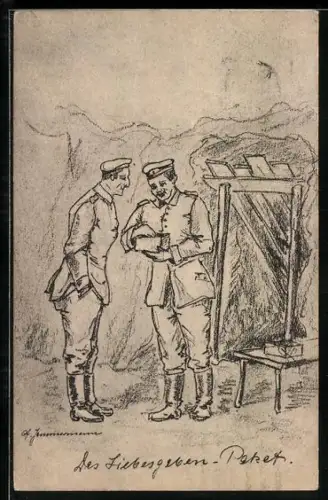 Künstler-AK Soldat packt ein Päckchen aus, Liebesgaben-Paket