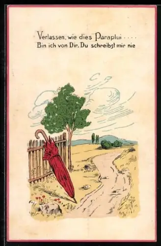 Künstler-AK Schreibfaul, Schirm lehnt am Zaun entlang eines Weges