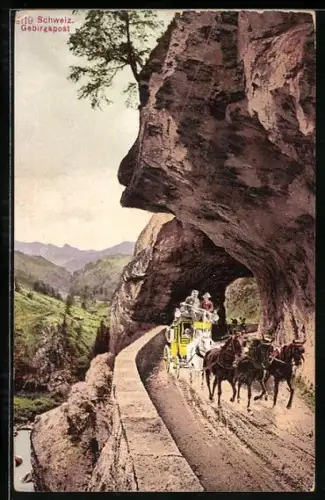 AK Schweizer Gebirgspost, Postkutsche kommt aus einem Tunnel