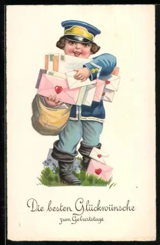 Künstler-AK Kleiner Postbote beladen mit Briefen