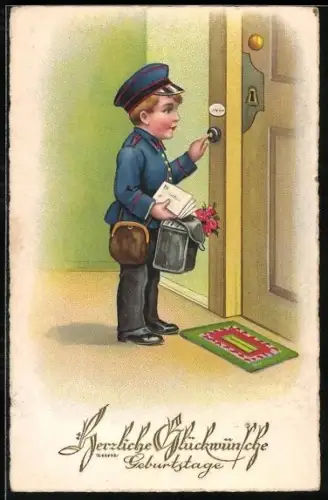 Künstler-AK Kleiner Postbote klingelt an einer Tür