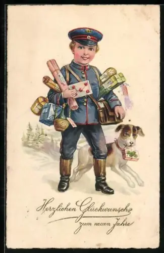 Künstler-AK Kleiner Postbote mit vielen Paketen