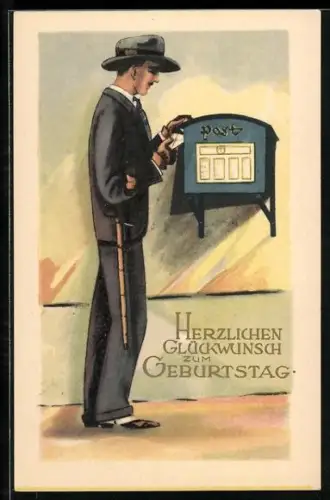 Künstler-AK Mann im Anzug wirft einen Brief in den Briefkasten