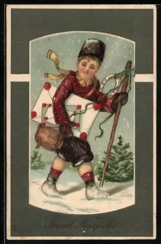 AK junger Mann bringt Briefe und Hufeisen zum Neujahr