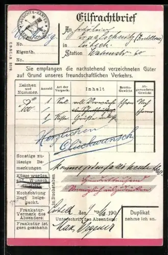 AK Rechnung eines Eilfrachtbriefs für Ansichts-Karten