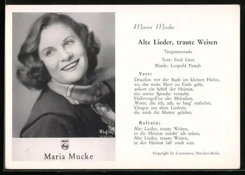 AK Maria Mucke schaut lachend an der Kamera vorbei, Alte Lieder, traute Weisen, Musikerin