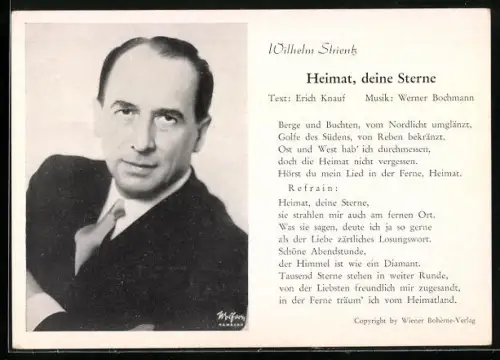 AK Wilhelm Strientz, Brustbild, Heimat, deine Sterne, Text