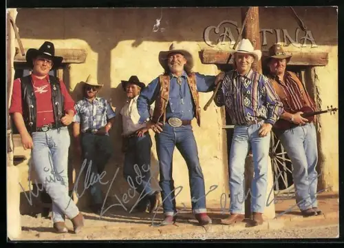 AK Musiker der Band Truck Stop mit Cowboyhüten, Autogramme