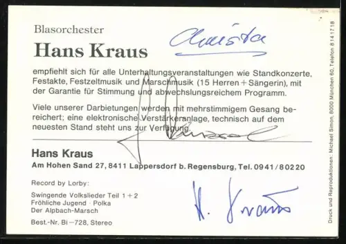 AK Musiker des Hans Kraus Blasorchesters mit Instrumenten, Autogramme