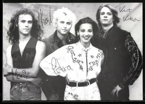 AK Musiker der Band Peacock Palace in Bühnenoutfits, Autogramme