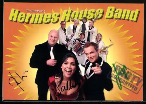 AK Musiker der Hermes House Band blicken in die Kamera, Autogramme