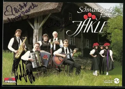 AK Musiker der Schwarzwaldfamilie Jakle mit Instrumenten, Autogramm