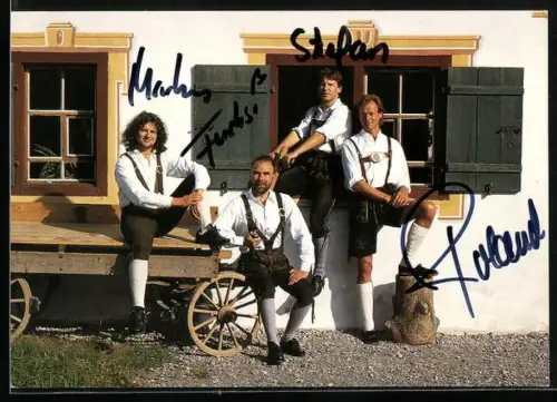 AK Musiker der Gruppe Himmelblaue Alpensänger in Lederhosen, Autogramme