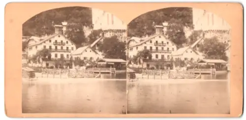 Stereo-Fotografie Ludwig Hardtmuth, Salzburg, Ansicht Hallstatt, Seehauer`s Gasthaus am Ufer