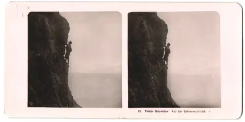 Stereo-Fotografie Bergsteiger an einer Steilwand in den Tiroler Dolomiten, Schlernschlucht