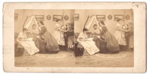 Stereo-Fotografie Mutter mit ihren Töchtern und Dienstmädchen im Kinderzimmer