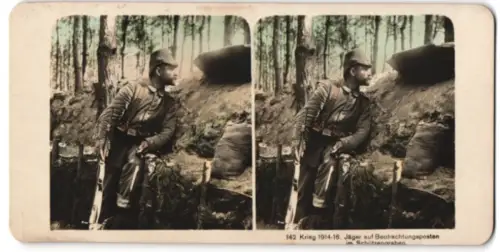 Stereo-Fotografie NPG, Berlin, Jäger auf Beobachtungsposten im Schützengraben, Krieg 1914-16