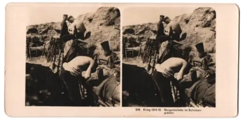 Stereo-Fotografie NPG, Berlin, Morgentoilette im Schützengraben, Soldaten waschen sich, Krieg 1914-15