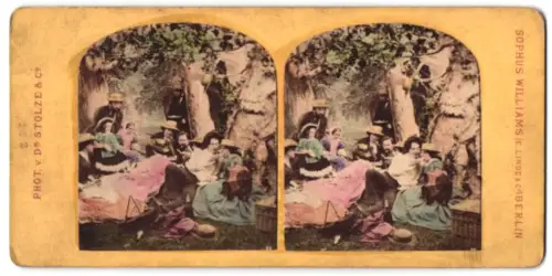 Stereo-Fotografie Sophus Williams, Berlin, Familie beim Picknick im Wald, Handkoloriert