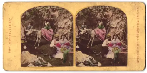 Stereo-Fotografie Sophus Williams, Berlin, Familie beim Picknick, Mädchen auf einem Esel