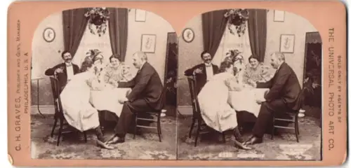 Stereo-Fotografie C. H. Graves, Philadelphia, illustre Abendgesellschaft beim Umtrunk