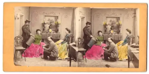 Stereo-Fotografie Hotelpage erwischt Bewohner beim Rauchen im Zimmer, Handkoloriert