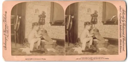 Stereo-Fotografie Strohmeyer & Wyman, New York, kleiner Knabe badet mit seinem Welpen