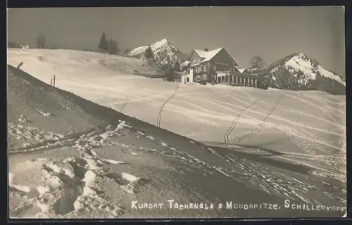 AK Tschengla, Panorama mit Mondspitze und Schillerkopf im Schnee