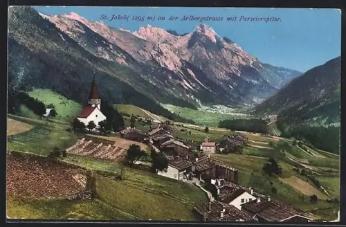 AK St. Jakob an der Arlbergstrasse, Ortsansicht mit Parseierspitze